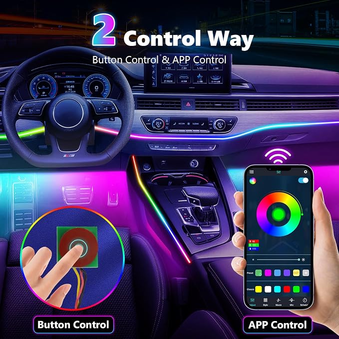 Dreamcolor Acrylic Interior Car Lights, AMKI Car LED Strip Light with Bluetooth APP, Car Ambient Lighting Kit with RGB 6 in 1 and 175 inches 593 LEDs, 16 Million Colors Sound Activated Car Neon Lights