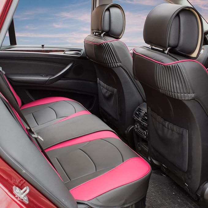 FH Group Ultra Comfort Highest Grade Faux Leather Full Set Cushion Pads Car Seat Covers for Front and Rear– Universal Fit for Cars Trucks & SUVs Pink/Black