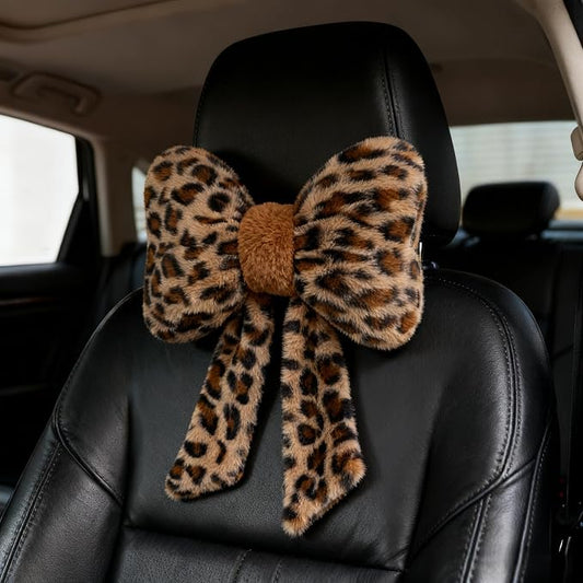 Car Neck Pillow Plush Bowknot Car Headrest Pillow Comfortable Neck Support for Driving Soft Touch Fabric Car Pillow Cute Interior Decor (Leopard-1Pcs)