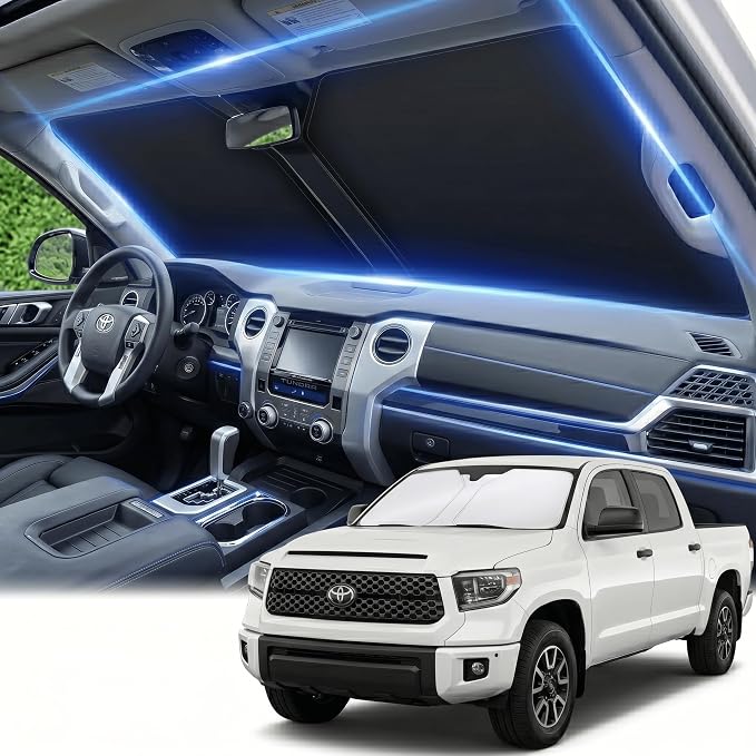 Windshield Sun Shade for Toyota Tundra 2007-2021 Front Window Sunshade Custom Fit Tundra Limited, SR5, Platinum, TRD Pro Sun Visor Foldable Shade Blocks UV Rays Summer Must Have Car Accessories