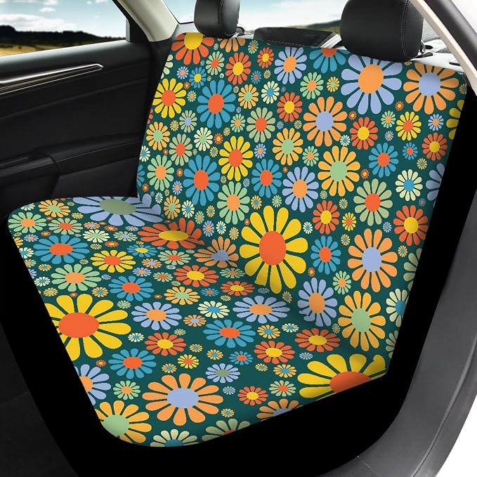 Colorful Hippie Flower Car Seat Covers Full Set,Abstract Tropical Floral Pattern Cute Vehicle Front Rear Bench Cushion Protectors Auto Interior Accessories Universal Fit for Trucks Sedans