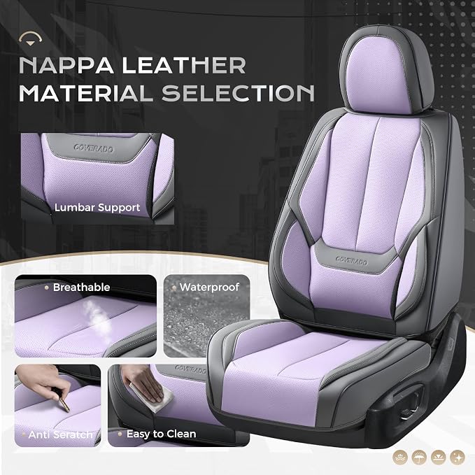 Coverado Seat Covers, Car Seat Covers Front Seats, Leather Seat Covers for Cars, Car Seat Protector Waterproof, Gray Car Seat Cushion, Front Carseat Cover Universal Fit for Most Cars Purple