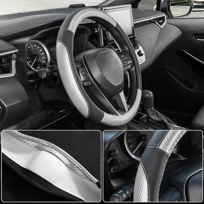 SEG Direct Car Steering Wheel Cover for Prius Civic Model 3 Model Y Camaro, Small Size 14-14.25 inch, Auto Interior Accessories, Black with Sliver Carbon Fiber Pattern
