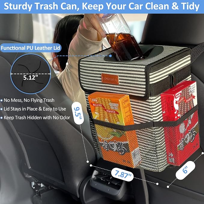 ELONGRIVER Car Trash Can Bin for Back Seat Leak Proof, Cute Car Trash Bag Hanging, Vehicle Trash Can for SUV Truck Van, Automotive Garbage Cans Front Seat Stripe