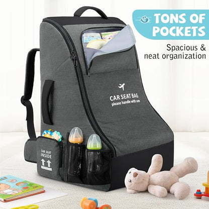 RAINSMORE Car Seat Travel Bag for Airplane Padded Carseat Backpack Heavy-duty Car Seat Cover for Air Travel Infant Car Seat Carrier Bag with Shoulder & Waist Strap, Fits Most Car Seat & Booster Seats