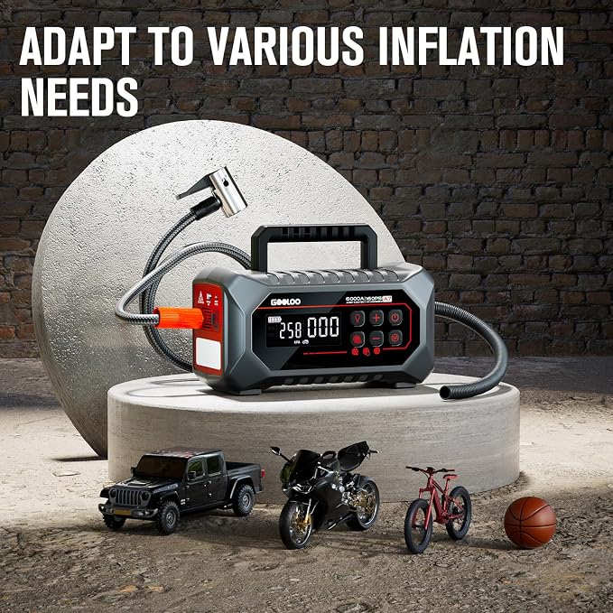 GOOLOO A7 Jump Starter with Air Compressor, 6000A &160PSI 12V Car Battery Jumper Starter Portable Booster Pack, Supersafe Jump Box (All Gas & 10L Disel) with Tire Inflator & Air Pump(Inflate& Deflate)
