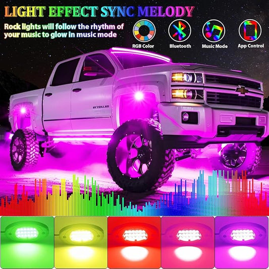 14 Pods RGB LED Rock Lights, Underglow Multicolor Neon Light Kit Wheel Well Light with APP Control & Music Mode, Under Glow Lights for Trucks,Jeep,SUV,Golf Cart,ATV,Pickup Off Road,12 V