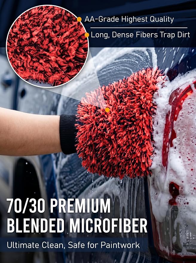 TAKAVU Car Wash Mitt Scratch Free, 2 Pack Microfiber Wash Mitts for Auto Detailing, Soft Lint Free Cleaning Gloves, Holds Sudsy Water, Machine Washable (Red & Black)