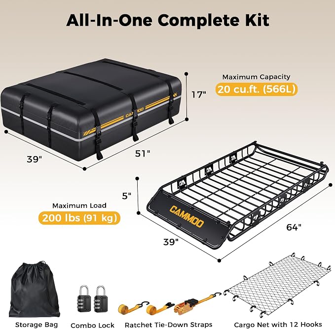 CAMMOO 64"x39" Roof Rack Basket, Removable Fairing & Support Bars for Kayaks/Long Gear, 20 Cu.Ft Waterproof Soft Bag+Lock+Net+Strap–200Lbs Capacity Car Roof Cargo Carrier for SUV Truck Camping