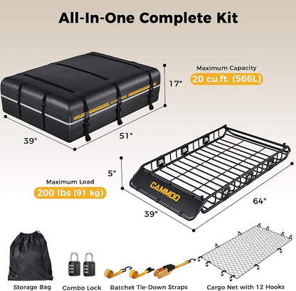 CAMMOO 64"x39" Roof Rack Basket, Removable Fairing & Support Bars for Kayaks/Long Gear, 20 Cu.Ft Waterproof Soft Bag+Lock+Net+Strap–200Lbs Capacity Car Roof Cargo Carrier for SUV Truck Camping