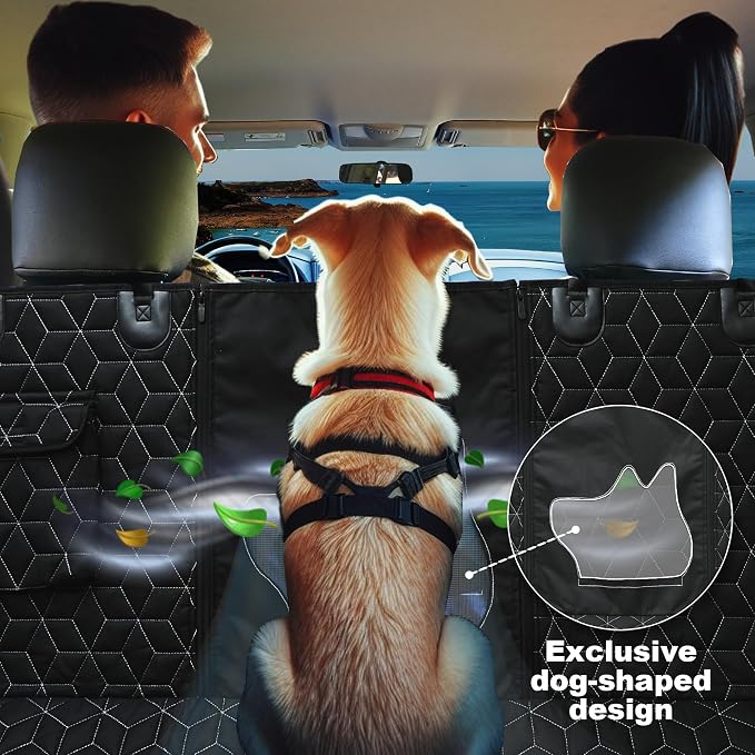 Meginc Dog Car Seat Cover for Back Seat, 54" Waterproof Dog Car Hammock with Mesh Window and Side Flaps, 600D Oxford Fabric Pet Seat Protector for Cars, SUVs & Mid-Size Trucks, Black