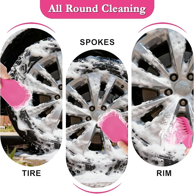 Pink Tire Brush for Women – 8.2" Soft Flagged-Tip Tire Cleaning Brush, Gentle on Wheels & Rims, Cars, Trucks & Motorcycles