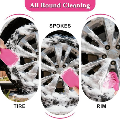 Pink Tire Brush for Women – 8.2" Soft Flagged-Tip Tire Cleaning Brush, Gentle on Wheels & Rims, Cars, Trucks & Motorcycles