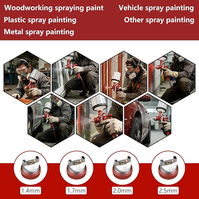 HVLP Gravity Feed Air Spray Gun with 650ml Mixing Cup& 10x Disposable Cups, 1.4/1.7/2.0/2.5mm Nozzles, Automotive Paint Sprayer Gun for House Painting, Car, Furniture, Fence, Varnish& Top Coat