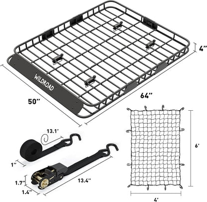 Wildroad Roof Rack Cargo Basket, Upgraded 4” Fence Wide Car Roof Basket, 64"x 50"x 4" Universal Car Top Carrier Basket with Super Duty Bungee Cargo Net and Ratchet Straps Fits for SUV Truck Cars