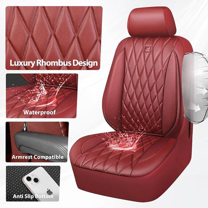 CAR PASS Piping Luxury Faux PU Leather Two Front Car Seat Covers, Waterproof Anti Slip Premium Automotive Seat Covers,Universal Fit for Suvs,Vans,Trucks, Armrest Airbag Compatible, Burgundy Red