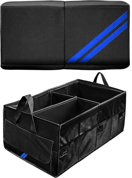 YOSRTER Car Trunk Organizer for Dodge Charger Durango Challenger Ram Collapsible Storage Box with Handle Foldable Lid Non Slip Bottom 2 Compartment Sturdy Base Panel Blue Trim