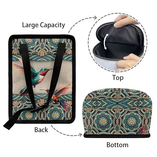 Talayituse Boho Mandala Hummingbird Print Car Trash Can, Portable Auto Garbage Bin Multifunctional Vehicle Interior Accessories with Adjustable Straps Universal Fit Truck SUV Sedan