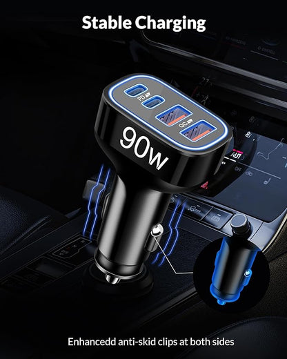 90W 4-Port USB C Super Fast Car Charger for Samsung Galaxy S26/S25/S24/S23/S22 Ultra, iPhone 17/16/15 Pro Max, Android, Type C Fast Charging Car Phone Charger Adapter Accessories + 3FT USB-C Cable