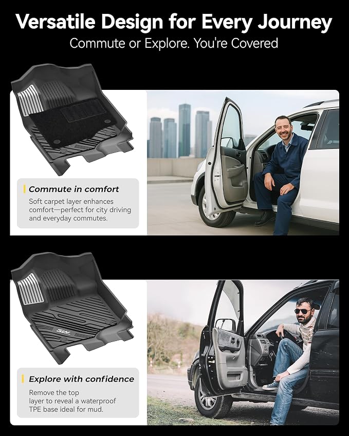3W Floor Mats (with Metal Pedals) & Carpets for Ford F-150 2015-2026 & F150 Lightning 2022-2025 SuperCrew (w/o Fold Flat Storage), TPE All Weather Front & Rear 3PCS | Heavy Duty, Easy Clean - Black