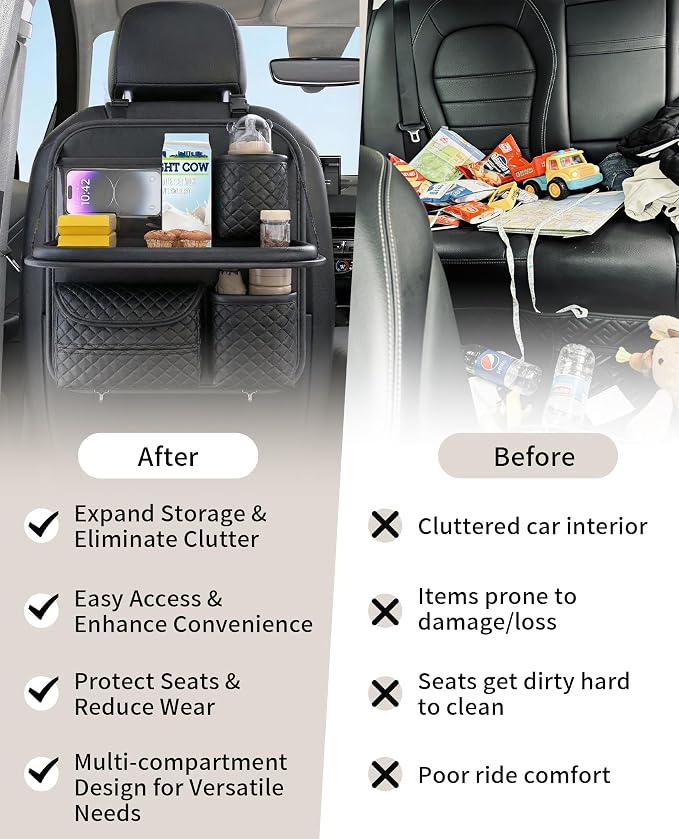PU Leather Backseat Car Organizer with Foldable Tray & Tablet Holder, Luxury Diamond Stitching Design, Universal Car Seat Storage Organizer for Kids & Family Travel Accessories, Black
