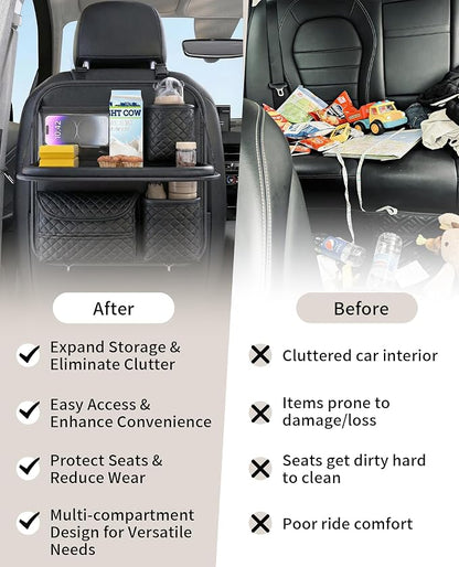 PU Leather Backseat Car Organizer with Foldable Tray & Tablet Holder, Luxury Diamond Stitching Design, Universal Car Seat Storage Organizer for Kids & Family Travel Accessories, Black