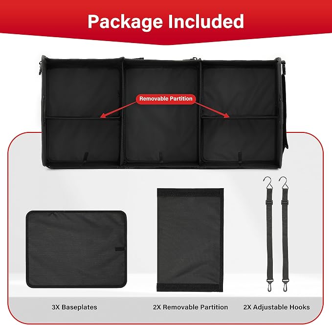 Simple Deluxe Car Trunk Organizer, Multi Compartments Collapsible Trunk Storage, Anti-slip, Waterproof 600D Oxford Polyester, with Adjustable Straps for SUV, Minivan, Truck, Large Size, Black