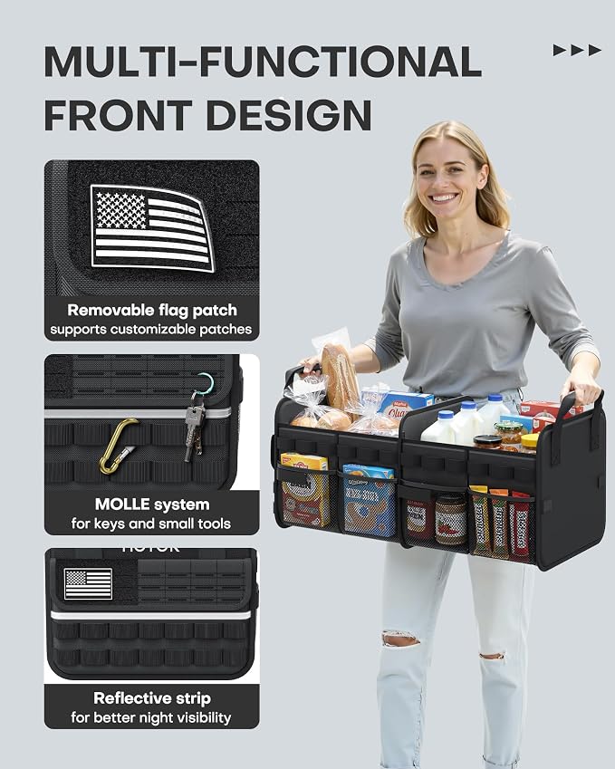 HOTOR Tactical Car Trunk Organizer - Foldable Trunk Organizer for SUV with Front MOLLE Pocket & Reflective Strips, Essential Car Accessories for Tools & Outdoor Storage, 15.0" x 23.6" x 11.0", Black