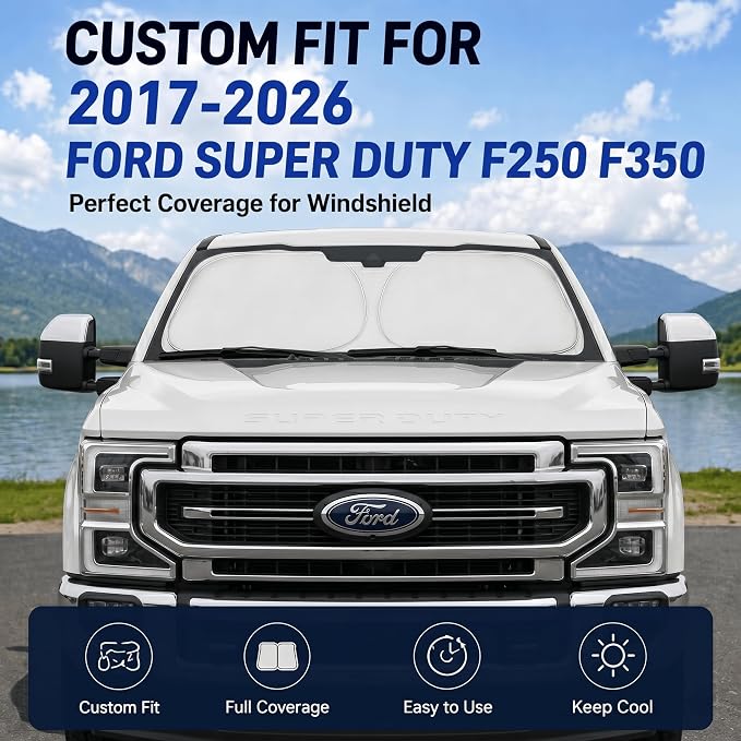Windshield Sun Shade for Ford Super Duty F250 F350 F450 F550 2017-2026 | Custom Fit Windshield Cover, Blocks UV Rays, Double-Layer Heat Shield, Durable Frame, Easy Fold & Storage