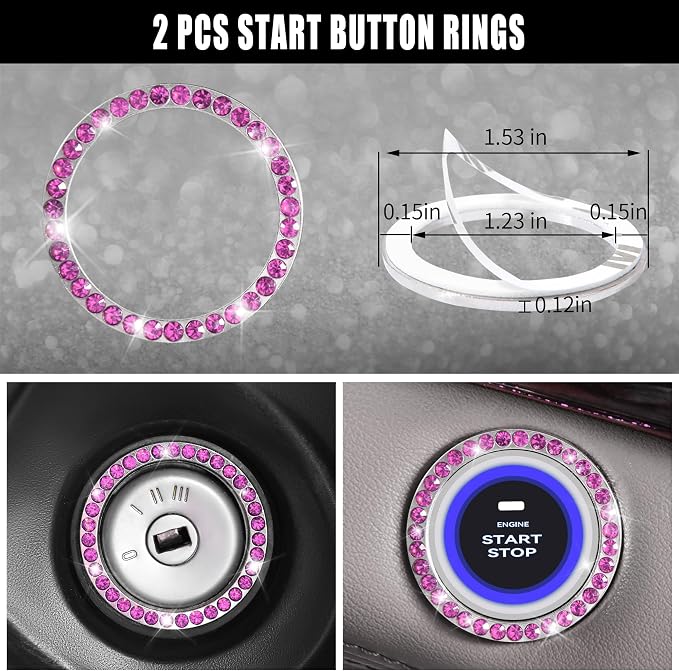 CAR PASS 11 PCS Bling Diamond Car Accessories Set for Women, Sparkly Rhinestone Steering Wheel Cover, Bling Seat Belt Cushion, Shift Knob Cover, Push Start Button Ring, Cup Holder Coaster, Black Pink