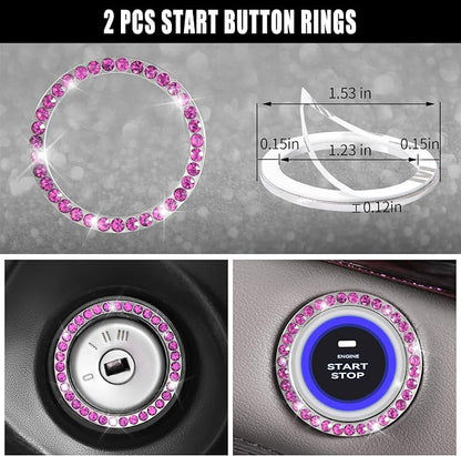 CAR PASS 11 PCS Bling Diamond Car Accessories Set for Women, Sparkly Rhinestone Steering Wheel Cover, Bling Seat Belt Cushion, Shift Knob Cover, Push Start Button Ring, Cup Holder Coaster, Black Pink