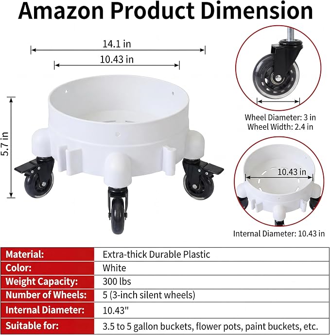 5 Gallon Bucket Dolly, 11in,3 Inch Silent Casters | 3 Inch Silent Casters, Heavy Duty Rolling Plant Dolly, For 3.5-5 Gallon Bucket & Round Flower Pot 1 Cleaning Mitt