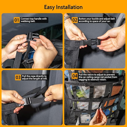 Car Ceiling Cargo Net with 3 Pockets,31.5"x21.6" Car Overhead Storage Mesh Organizer,Double Layer Roof Mesh Camping Overlanding Gear Must Haves Cargo Net,Road Trip Essentials (31.5"x 21.6")