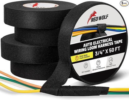 RED WOLF Wiring Harness Tape High Temp Wire Cable Loom Self-Adhesive Fabric Tape for Electrical Automotive Engine Harness Wrap Protection Noise Damping Cables Fixed 3/4 Inch x 50 FT 5 Rolls