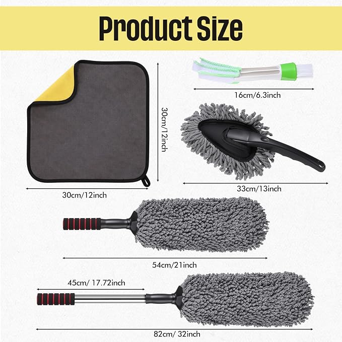 Lounsweer 4 Pcs Large Car Duster Set Microfiber Dust Cleaning Sets with Extendable Handle Exterior Duster Dashboard Detailing Brush Interior Exterior Cleaning Sets for Auto Truck Boat