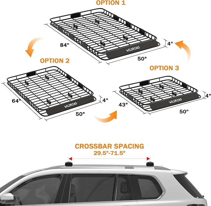 Wildroad Roof Rack Cargo Basket, Upgraded 4” Fence Wide Car Roof Basket, 84"x 50"x 4" Universal Car Top Carrier Basket with Super Duty Bungee Cargo Net and Ratchet Straps Fits for SUV Truck Cars