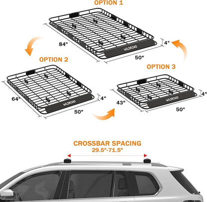 Wildroad Roof Rack Cargo Basket, Upgraded 4” Fence Wide Car Roof Basket, 84"x 50"x 4" Universal Car Top Carrier Basket with Super Duty Bungee Cargo Net and Ratchet Straps Fits for SUV Truck Cars