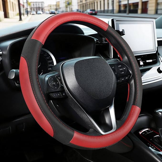 SEG Direct Car Steering Wheel Cover Universal Standard Size 14.5-15 inch, Black and Red Microfiber Leather