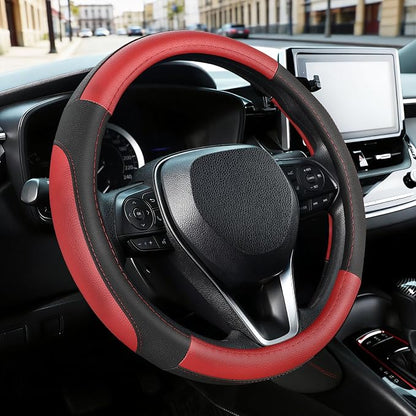 SEG Direct Car Steering Wheel Cover Universal Standard Size 14.5-15 inch, Black and Red Microfiber Leather
