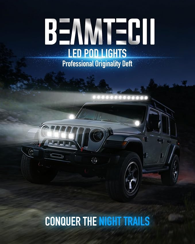 BEAMTECH 3" LED Pods, White Spot Beam Off Road Ditch Lights with Amber DRL | 2PCS 60W 6000LM Pod Light for Truck UTV ATV Motorcycle – Fog/Reverse/Off road lights
