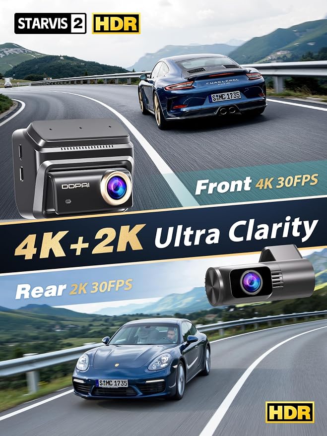DDPAI 4K Dash Cam Front and Rear, STARVIS 2 IMX678, Built-in 64G eMMC Dual HDR Car Camera, WiFi Dash Camera for Cars with GPS,AI ISP Night Vision 2.0,3" IPS,ADAS,24H Parking Mode,Support 512GB,Z90 Pro