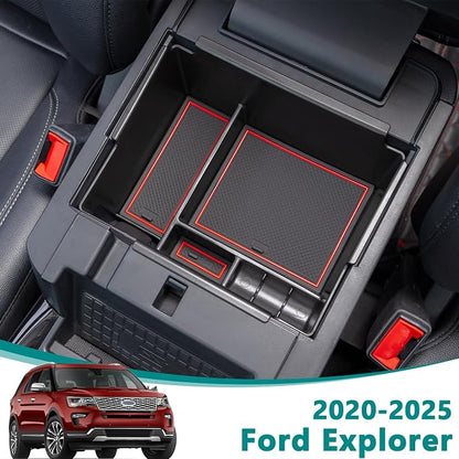 TOPINSTALL 2020-2026 Ford Explorer Console Organizer Tray - Compatible with 2020-2026 Ford Explorer Deep Armrest Storage Box with Coin Holder & Non-Slip Mats, Red Interior 6th Gen Explorer Accessories
