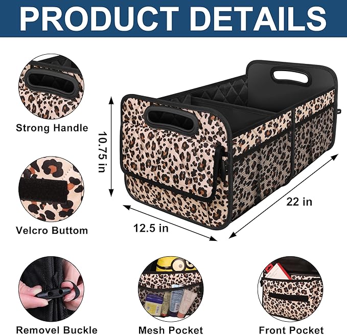 Deosk Trunk Organizer and Storage with Reinforced Handles,Car Accessories for Women/Men 50L Waterproof Polyester Trunk Organzier for Car/SUV/Minivan/Truck(Medium,Leopard print)