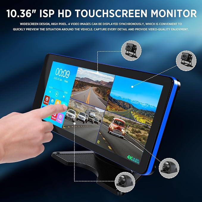 4K Backup Camera 4CH Dash Cam 10.36" Quad Split Touch Screen & 4 AHD Front Rear Sides View Camera w/DVR Recording Music Video Playback Avoid Blind for RV Semi Trailer Truck Van