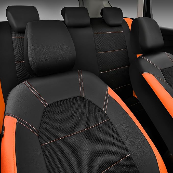 CAR PASS Leather Seat Covers, Breathable Universal Car Seat Cover Full Set for Cute Women Girly,5mm Composite Sponge Inside,Airbag Compatible Fits Most Auto,SUVs,Trucks,Vans(Full Set,Black&Orange)
