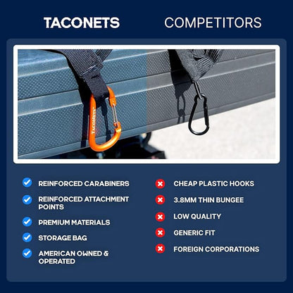 TacoNets Upgraded Highly Elastic Cargo Net, USA Company, Simple Truck Bed Cargo Mesh Organizer, Suitable for Light Loads, Heavy Duty Carabiners, 4'x4' Double Layer