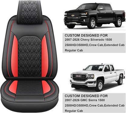 JOJOBAY Chevy Silverado Seat Covers,Leather Seat Covers for GMC Sierra,Custom Fit 2007-2026 1500 2500HD 3500HD Crew Double Extended Regular Cab,LT LZT RST Trail Boss(Front Pair,Black Red)