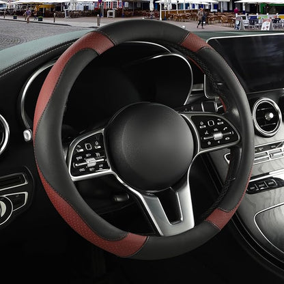 Microfiber Leather Steering Wheel Cover, Breathable, Anti Slip, 13.5 inch to 14 inch, Black with Burgundy