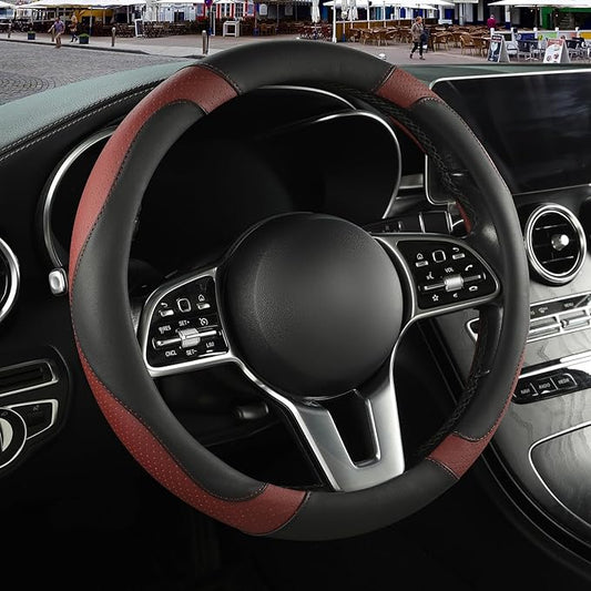Microfiber Leather Steering Wheel Cover, Breathable, Anti Slip, 13.5 inch to 14 inch, Black with Burgundy