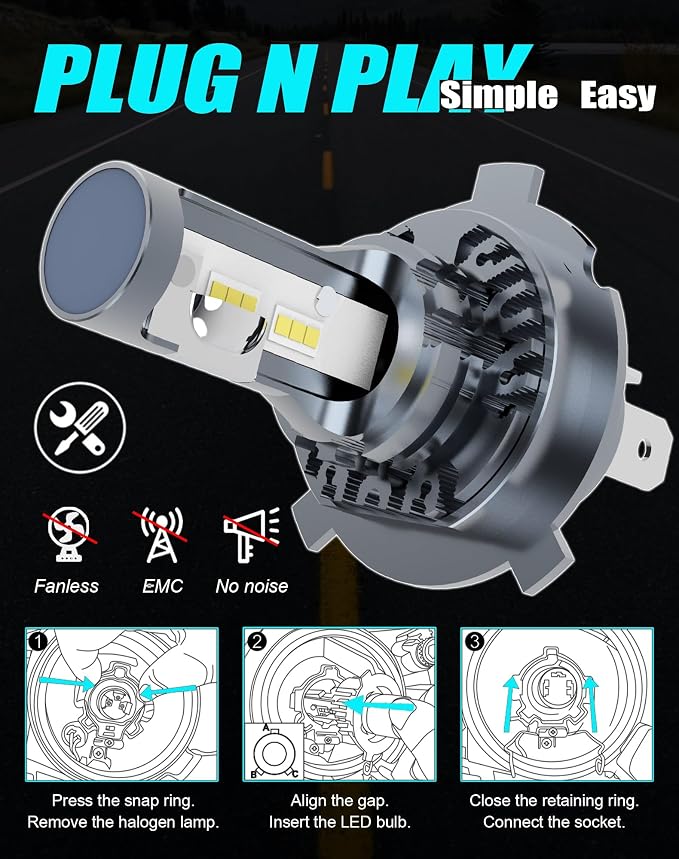 H19 H4 9003 HB2 HS1 LED Light Bulbs 20000Lm Bright 40W 6500K Fanless EMC Plug and Play for 12V Cars Motorcycles 24V Trucks, Fog Lamps, 2-Pack